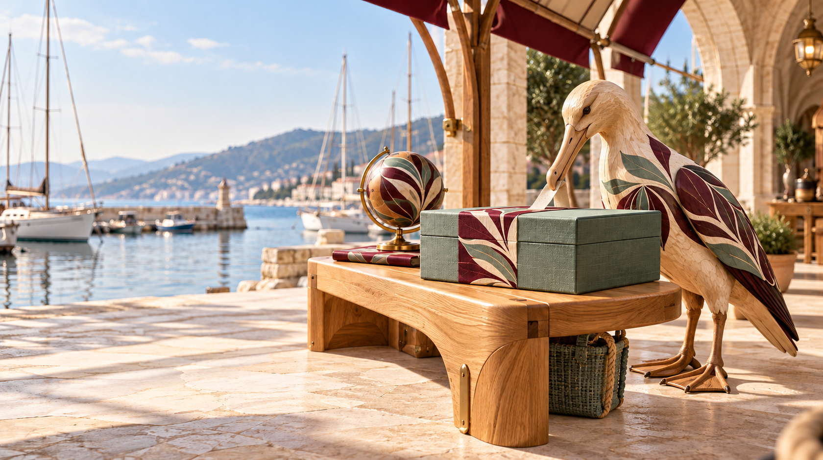 Un oiseau migrateur sculpté vérifie un colis sur une terrasse d’expédition côtière