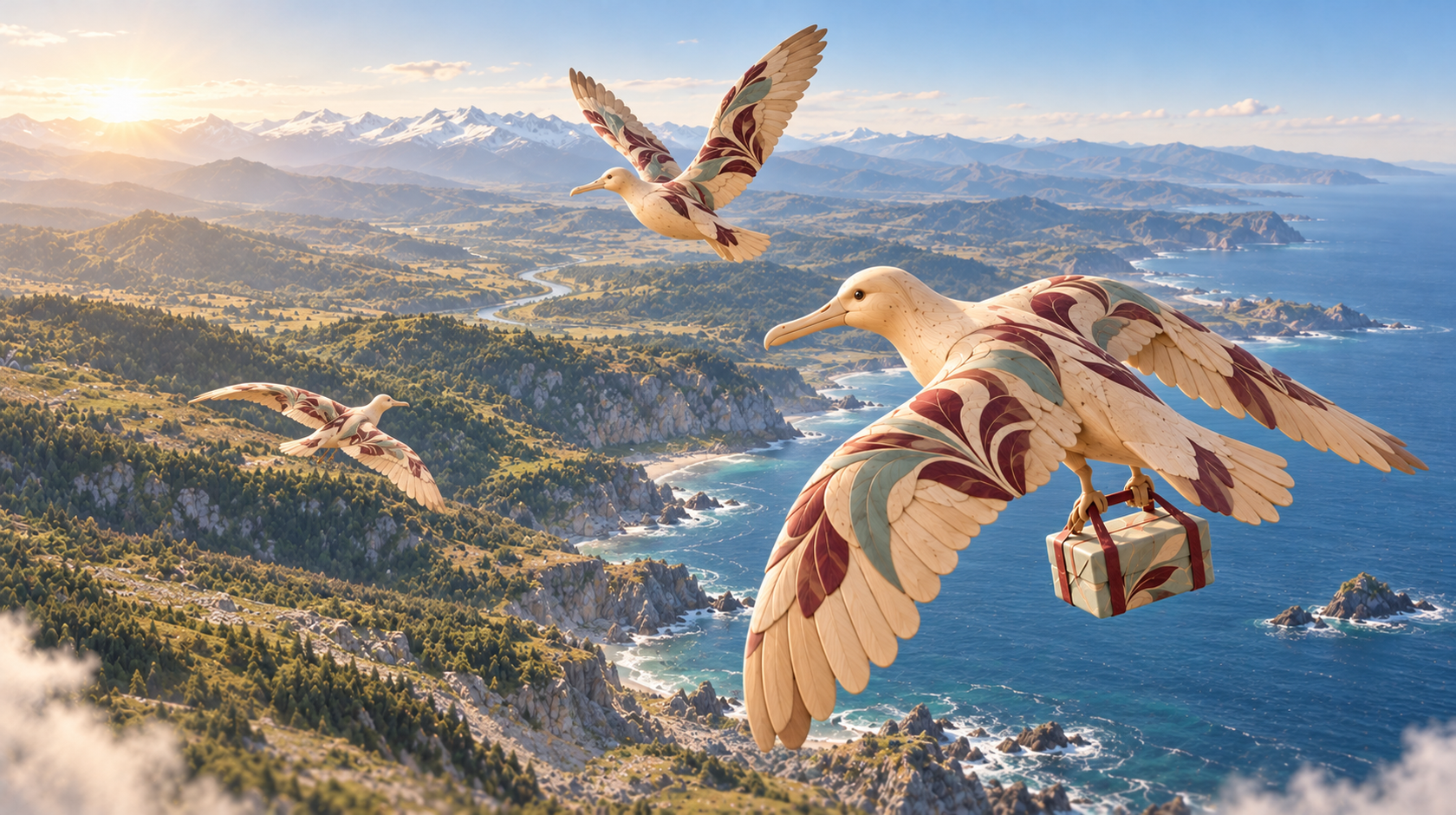 Trois albatros sculptés survolent une côte continue