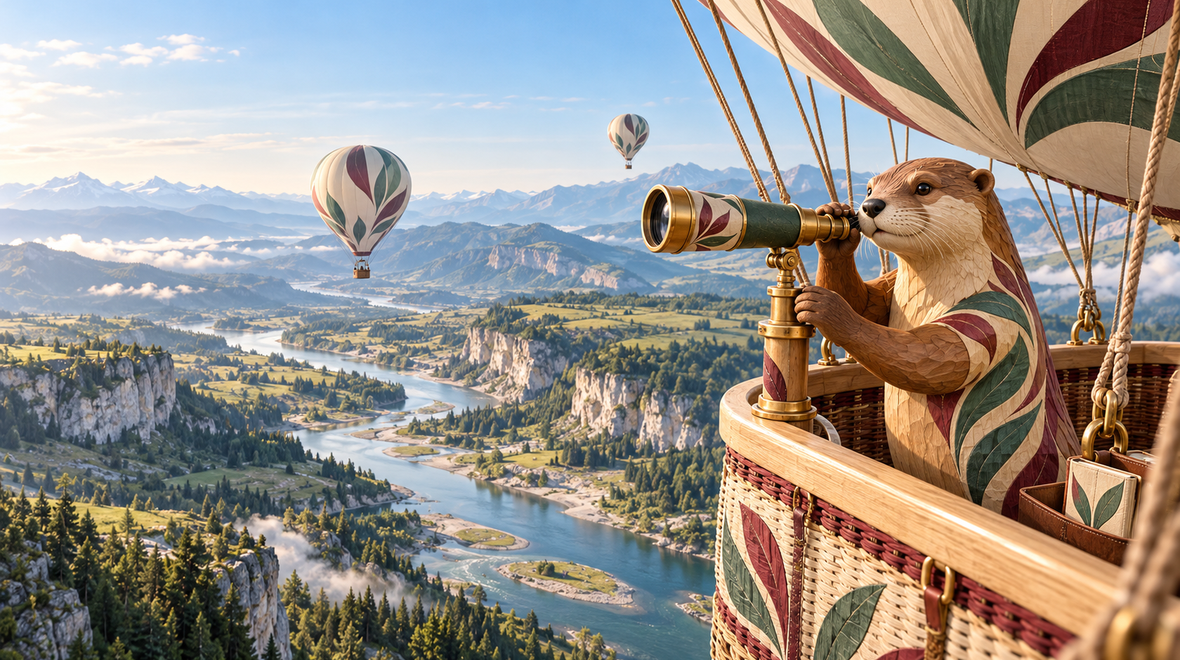 Un explorateur sculpté règle un télescope dans une nacelle de ballon