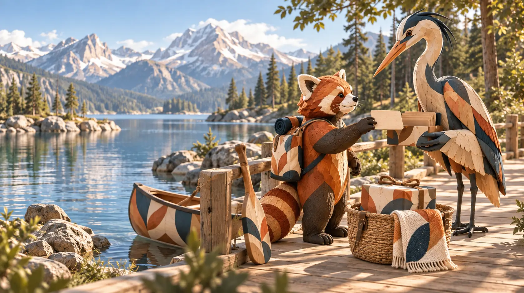 A lakeside gift scene with physical gifts, a digital card and a paddle beside carved animal figures.