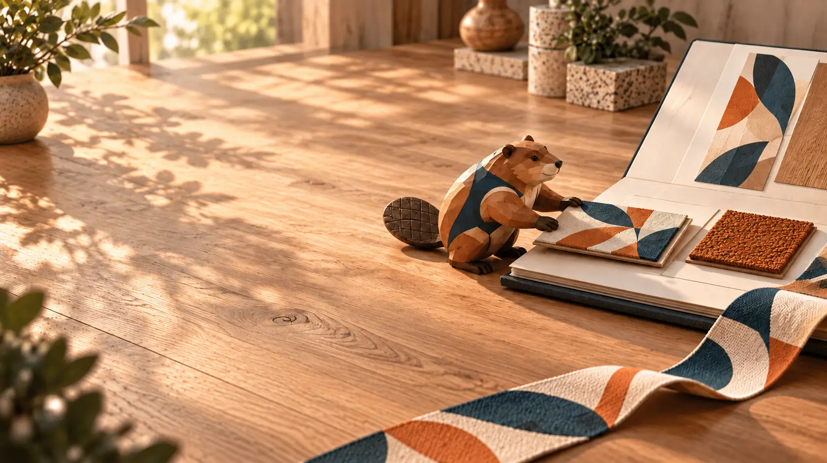 A carved beaver preparing a first patterned swatch beside a project folio and ribbon.